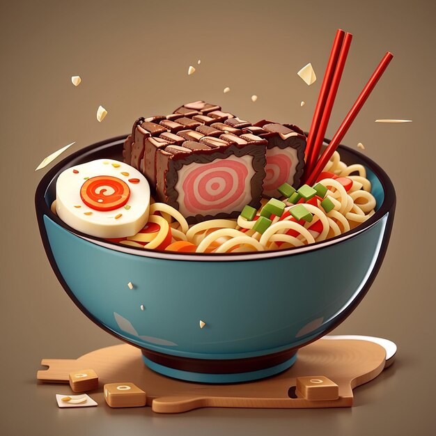 Ramen macarrão com carne de bife e pauzinhos de comida desenho animado ícone vetorial ilustração conceito de ícone de objeto de comida