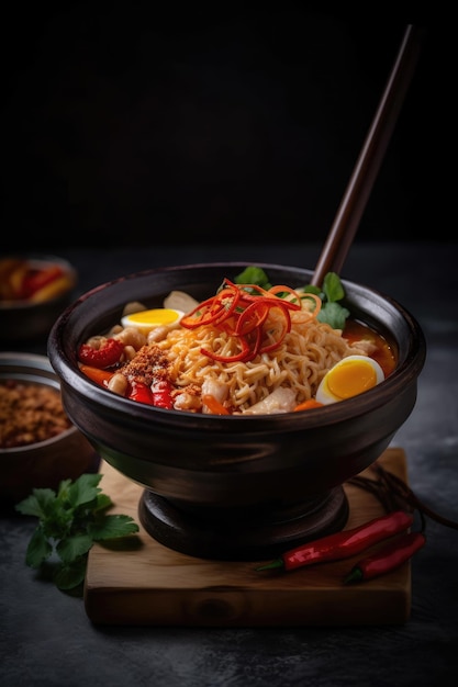 Ramen picante con palillos y un tazón de fideos IA generativa