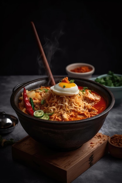 Ramen picante con palillos y un tazón de fideos IA generativa