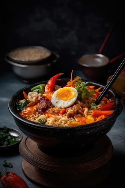 Ramen picante con palillos y un tazón de fideos IA generativa