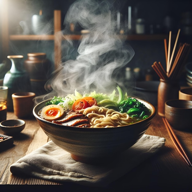 ramen realista en la cocina oscura.