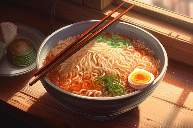 Ramen saboroso estilo anime ni uma tigela em uma mesa de madeira Gerado ai