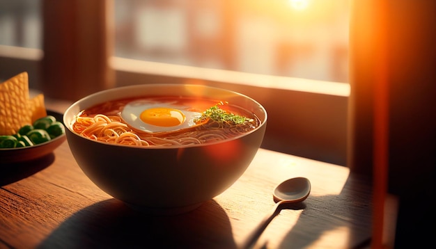 Ramen de sopa de fideos asiáticos con verduras de tofu de pollo y huevo en un tazón blanco en el cafe generative ai