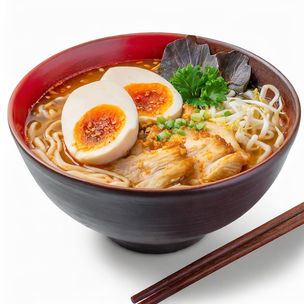 Ramen-Suppe mit Nudeln, Huhn, weichem Ei, Spinat und Chili auf weißem Hintergrund