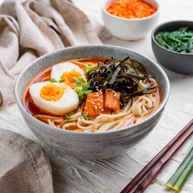 Ramen-Suppe mit Nudeln, Huhn, weichem Ei, Spinat und Chili auf weißem Hintergrund