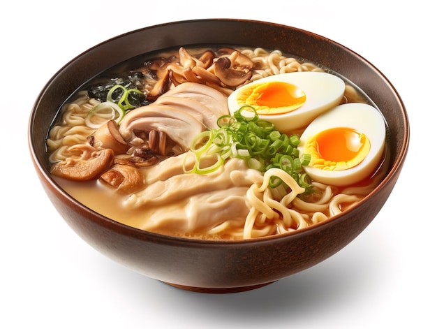 Ramen-Suppe mit Nudeln, Lauch, Nori, Shiitake-Pilz, weichem Ei und Chashu-Huhn, isoliert auf weißem Hintergrund mit Beschneidungspfad