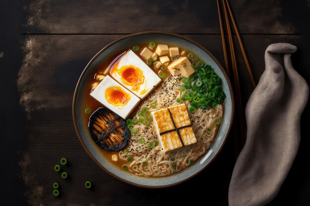 Ramen vegano saludable cocinado en casa con tofu y huevo