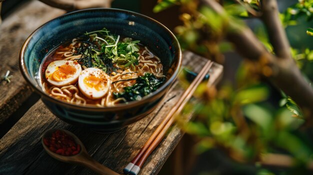 Ramen vegetariano contra um cenário de jardim