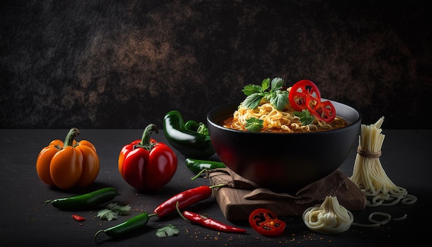 Ramen con verduras y pimientos picantes en un plato sobre un fondo negro IA generativa