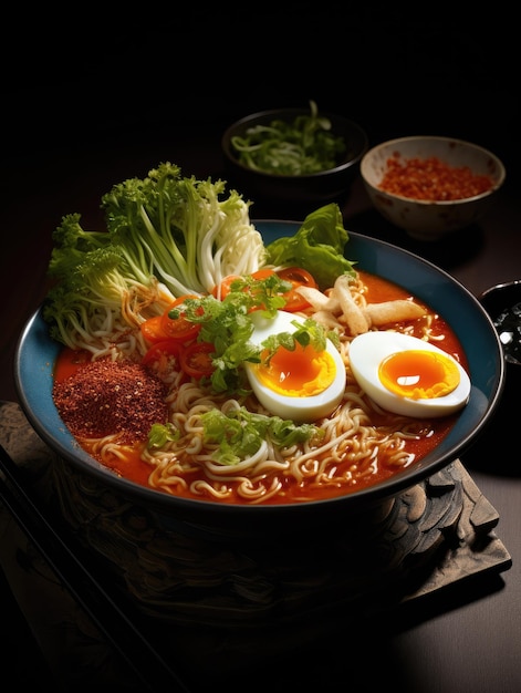 ramen con verduras verdes y huevos