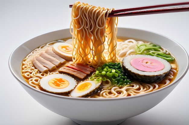 Foto ramen vor einem unberührten weißen hintergrund