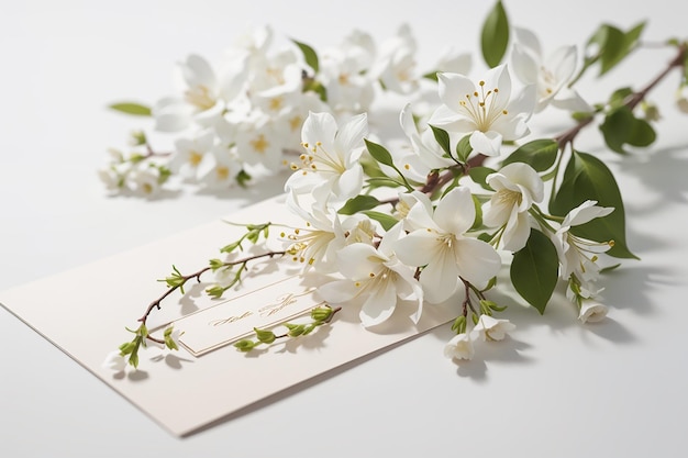 Ramita de flor de Jasminum auriculatum con tarjeta de boda
