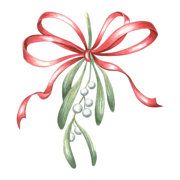 Ramita de muérdago con bayas y arco de seda roja plantas tradicionales de invierno dibujadas a mano