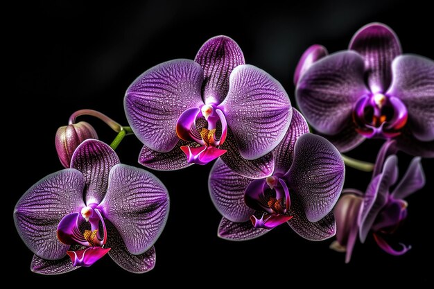 Una ramita de orquídea polilla lila contra un entorno negro IA generativa