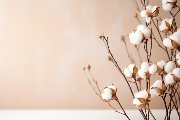 ramita seca de algodón esponjoso en un fondo beige decoración natural con espacio de copia