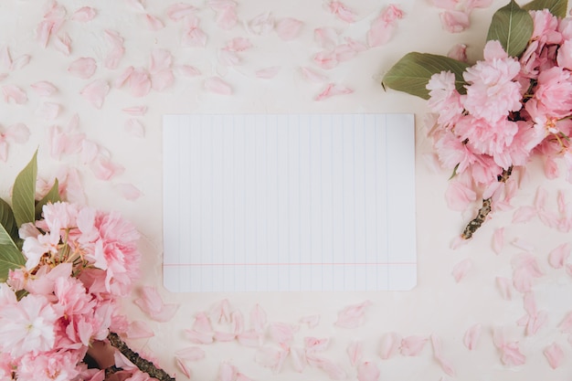 Ramitas del árbol de sakura con flores y pétalos alrededor de papel en blanco