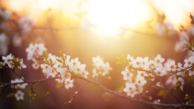 Ramitas de un cerezo en flor en la hora dorada. Fondo de primavera para el banner. Efecto solar, enfoque selectivo, 16x9