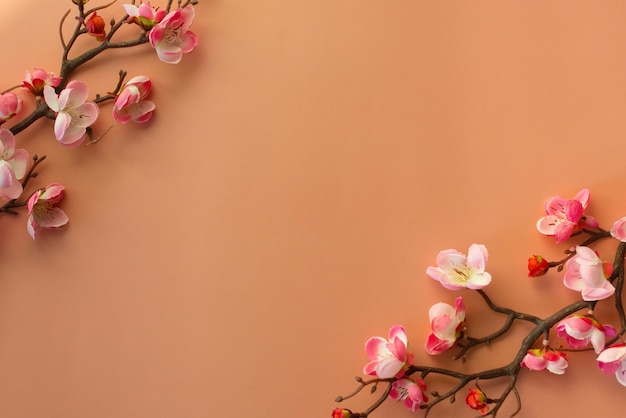 ramitas y flores rosas de sakura o cereza sobre un fondo de melocotón Lugar para copiar texto espacio rosa b