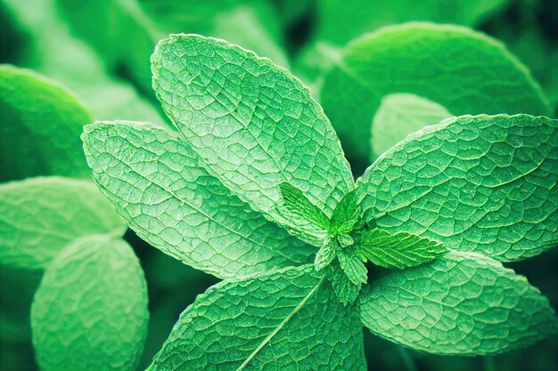 Ramitas de menta y hojas veteadas de cerca a la luz del día