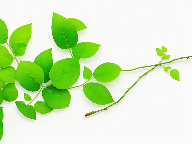 Ramitas de plantas verdes con hojas y espacio para copiar sobre fondo blanco.