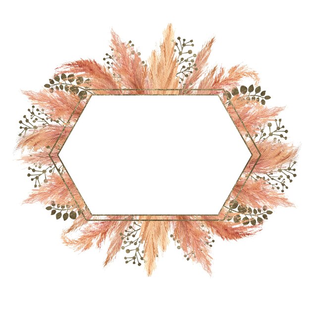 Ramo de acuarela boho con hierba de pampa seca y marco geométrico plateado aislado sobre fondo blanco. Ilustración de flores para boda o diseño festivo de invitaciones, postales, impresión.