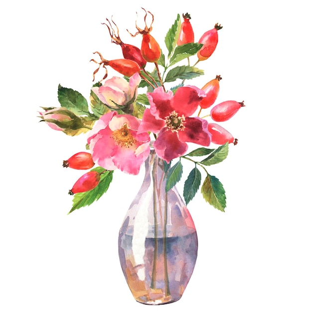 Ramo de acuarela de rosas silvestres y hojas en jarrón transparente ilustración floral dibujada a mano