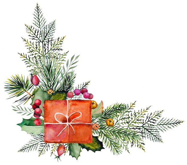 Ramo de acuarelas navideñas con abeto enebro y ramas de pino, bayas de campana y piñas