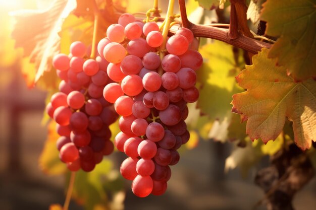 Foto ramo ai generativo de uvas vermelhas nos raios do sol vinha ao pôr-do-sol no outono ou verão rip