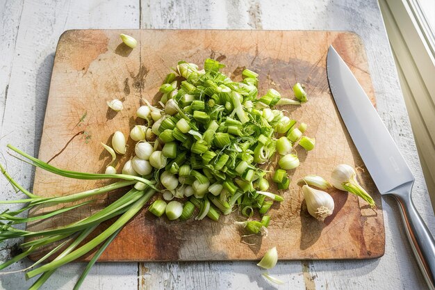 Un ramo de ajo verde picado en una tabla de cortar de madera con un cuchillo