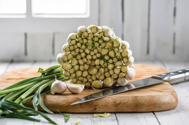 Un ramo de ajo verde picado en una tabla de cortar de madera con un cuchillo