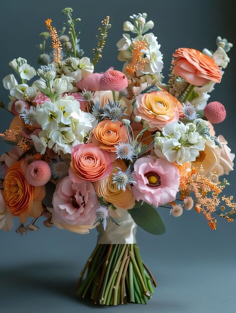 Ramo anudado de flores coloridas sobre un fondo oscuro de tallos verdes Flores en flor un símbolo de la primavera nueva vida