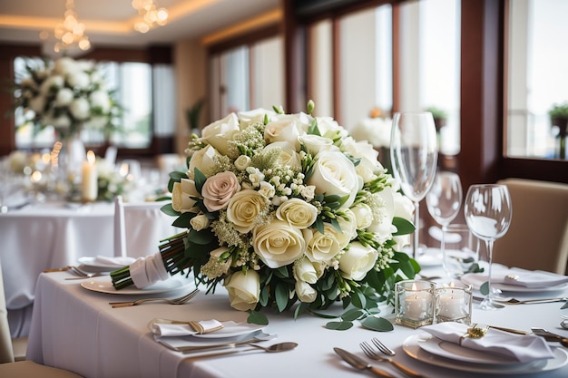 Ramo de boda en la mesa decoración de la mesa de boda en el restaurantex9