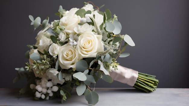 Ramo de boda nupcial rosa blanca flores de eucalipto