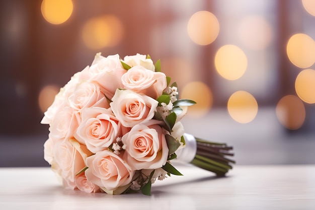 Ramo de boda sobre fondo bokeh claro con espacio de copia Ramo de novia tierno accesorio de novia simbólico tradicional Composición floral con rosas cremosas de color rosa pastel Concepto de boda