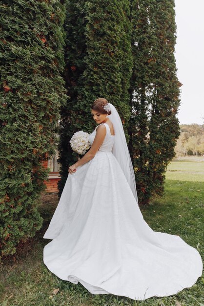 Ramo de bodas de hermosas flores blancas de bodas en las manos de la novia foto al aire libre en el parque novia elegante maquillaje delicado