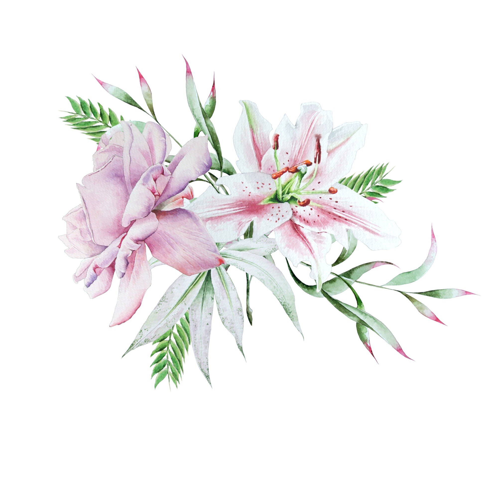 Ramo brillante con rosas y azucenas. ilustración de acuarela. dibujado a mano. | Foto Premium Ramo brillante con rosas y azucenas. ilustración de acuarela. dibujado a mano. | Foto Premium