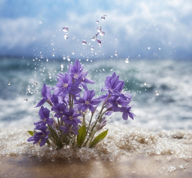 Foto ramo de campanillas azules con gotas de agua sobre la arena