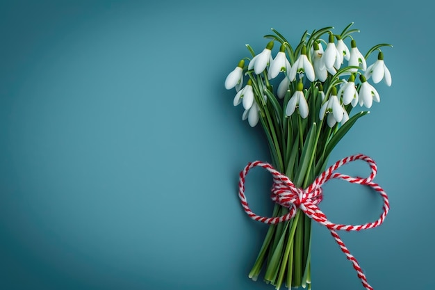 Ramo de campanillas de invierno del bosque con símbolo de martisor sobre fondo azul