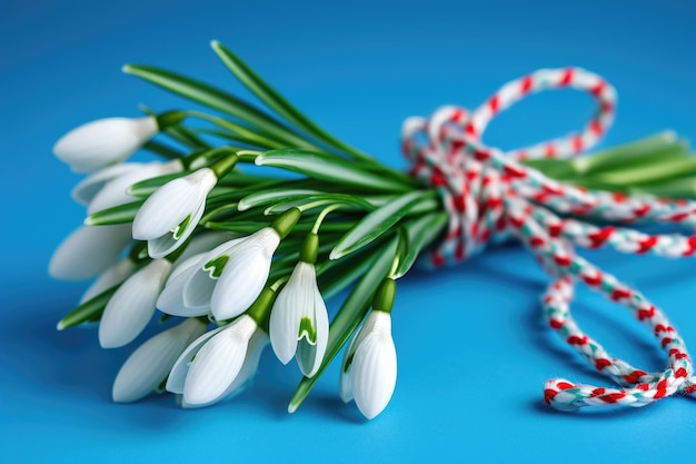 Ramo de campanillas de invierno del bosque con símbolo de martisor sobre fondo azul