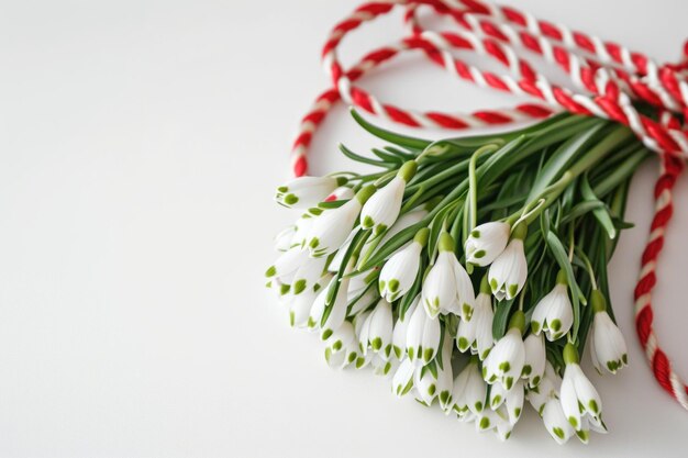 Ramo de campanillas sobre fondo blanco con concepto de celebración de marzo de cuerda roja y blanca