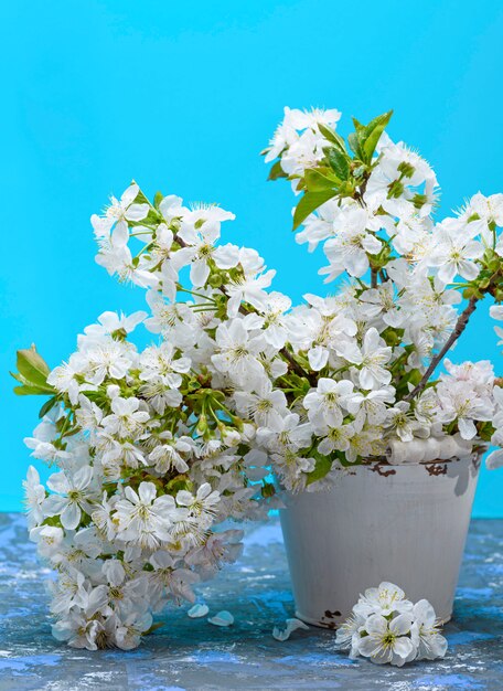 Un ramo de cerezas con flores blancas.