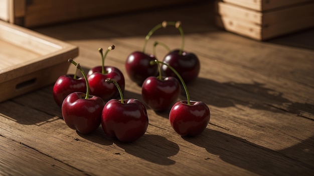 un ramo de cerezas en una mesa de madera