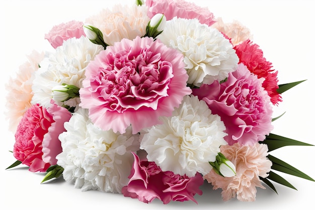 Ramo de claveles de color rosa brillante y rosas blancas aislado sobre fondo blanco.