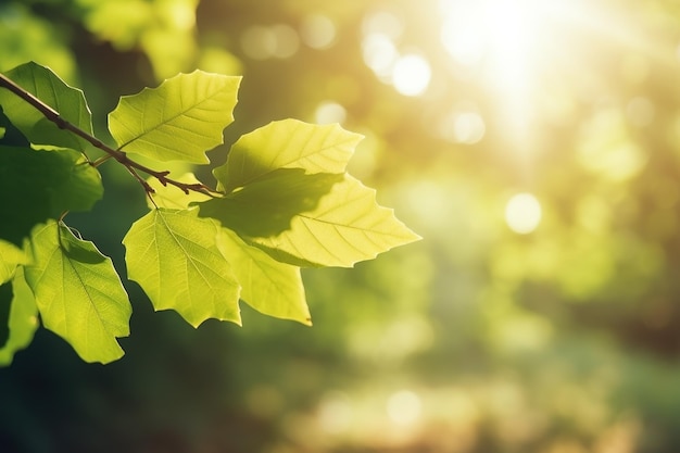 Ramo com folhas verdes no efeito bokeh da luz solar fundo de verão Ai gerado