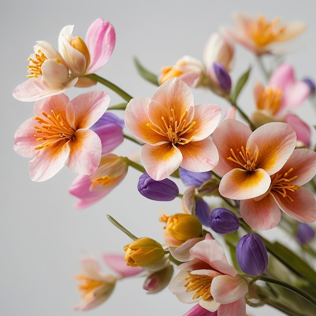 Ramo de crocus en un fondo gris Flores de primavera