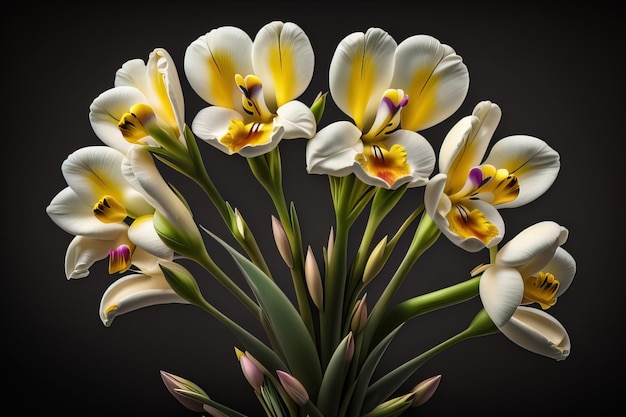 Ramo de crocus y tulipanes sobre un fondo de color sólido