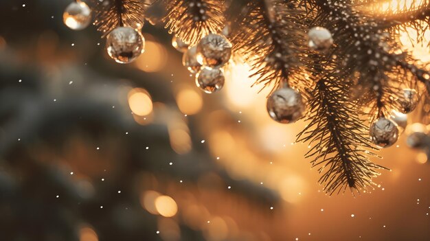 Ramo de abeto de natal na neve com decoração