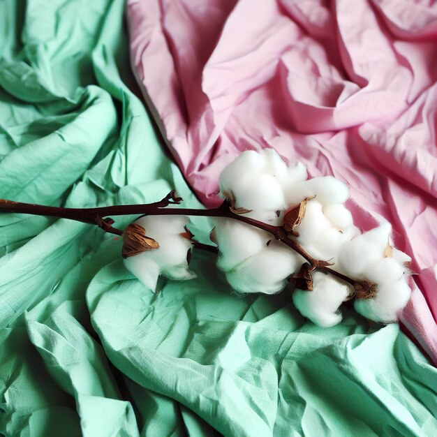 Foto ramo de algodão em tecido amassado verde e rosa