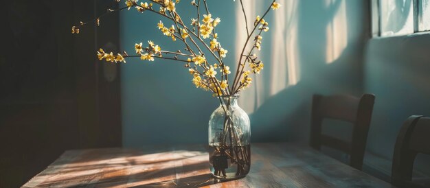 Foto ramo de arbusto com flores amarelas em um vaso de vidro em uma mesa em uma sala