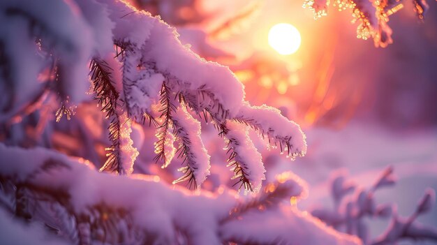 Ramo de árvore coberto de neve ao pôr-do-sol Ramo de Árvore Coberto de Neve ao pór-do- sol